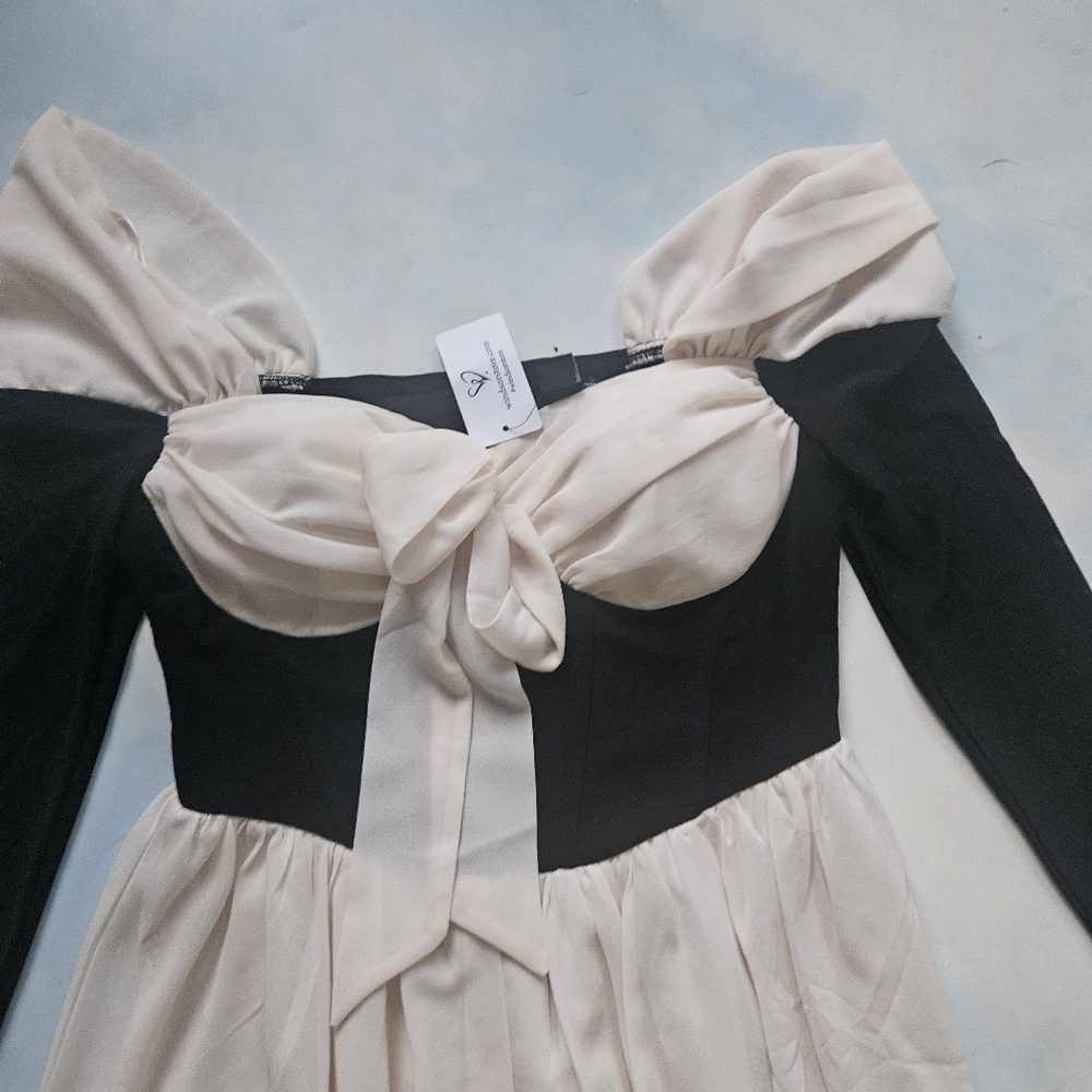 Coquette Black & Cream Off-Shoulder Dress Chiffon Feminine Mini Dress - Picture 7 of 16